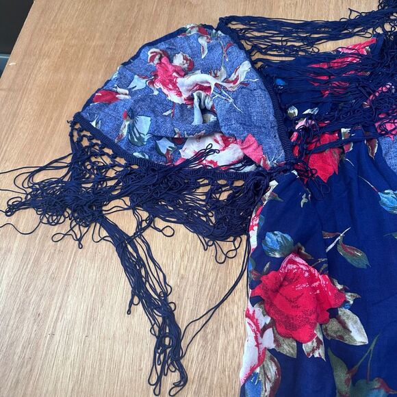 Umgee Kimono Womens M L Navy Floral Fringe Boho Festival Open Front - Picture 3 of 5